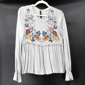ZARA Trafaluc Collection Size M Gray Boho Floral Print Peplum Empire Waist Top